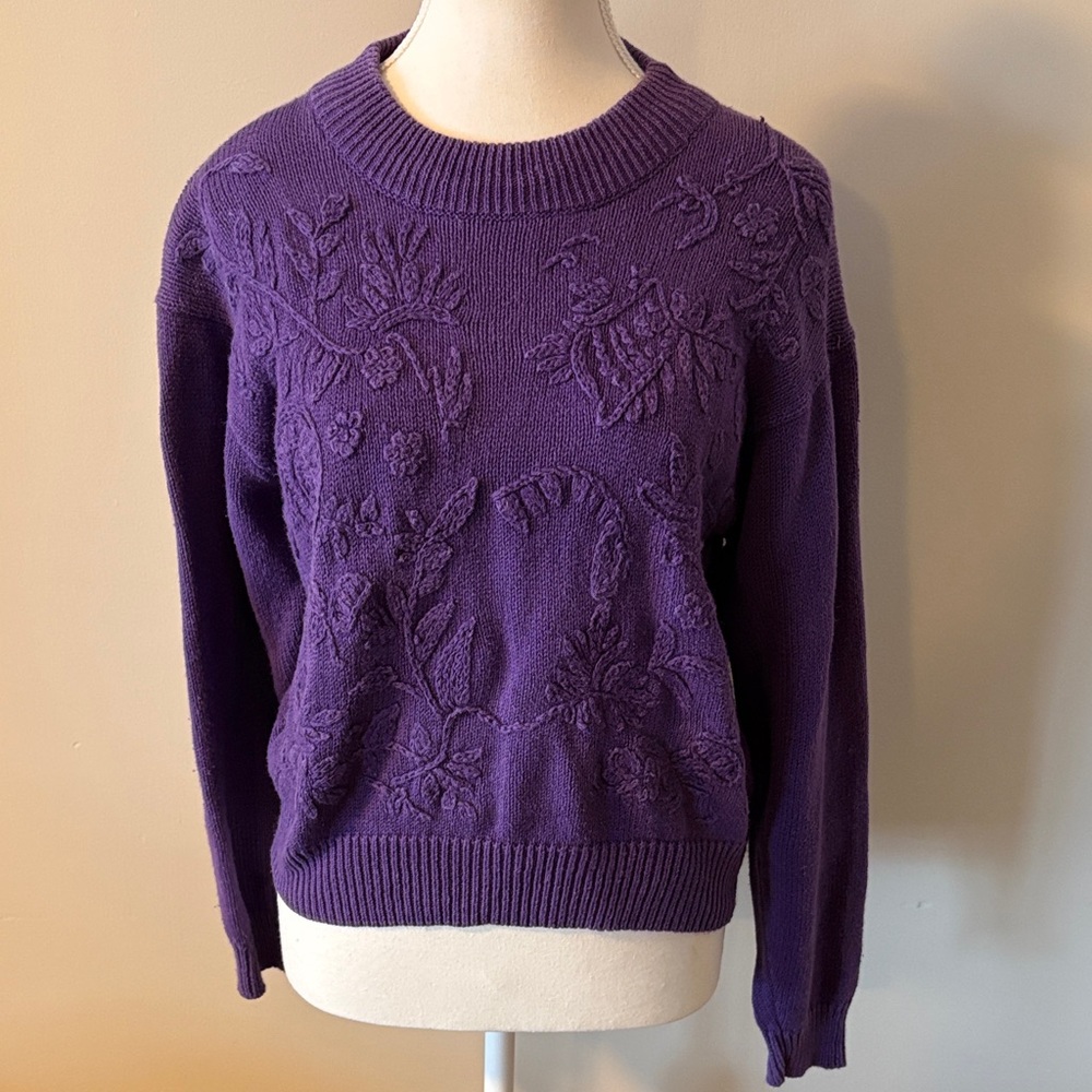 VTG Mister Noah Cotton Ramie Cottagecore Floral Purple Knit Sweater. Size Medium